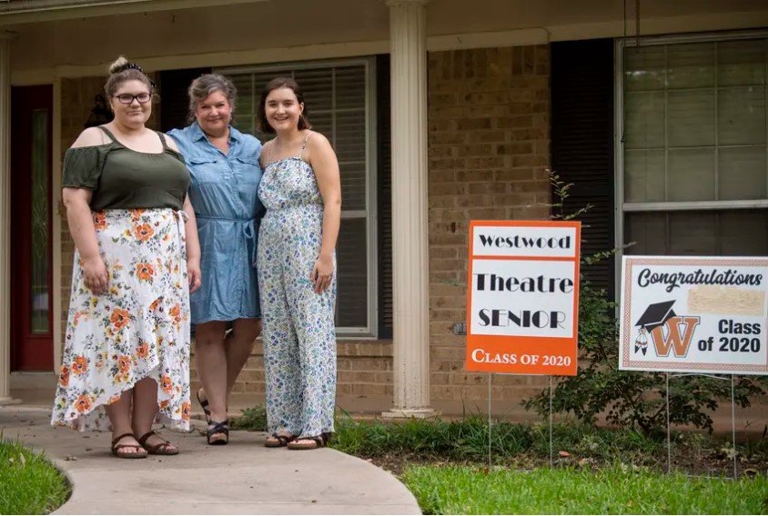 Annabelle Hicks, Ann Marie Cotman Hicks and Allison Hicks outside their north Austin home on July 1, 2020. Annabelle, a Trinity University freshman, and Allison, a University of North Texas senior, both plan to return to their respective campuses this fall.
